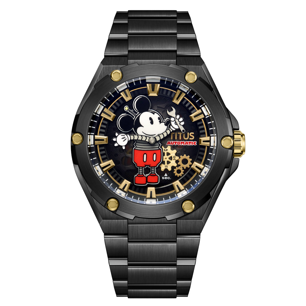 [MEN] Solvil et Titus x Mickey Mouse "Charged Up" Limited Edition Black Stainless Steel Mechanical Skeleton Watch [W06-03379-002]